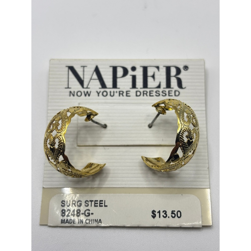 Napier Hoop Earrings Womens OS Gold Filigree Heart Surgical Steel 8248-G-